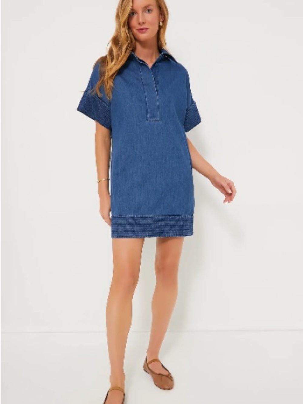 Casual Chambray Polo Shift Dress in Blue